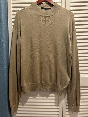 Mens XL Silk Cotton Mock Neck Sweater Tan Khaki Roberto Omagi Quiet Luxury